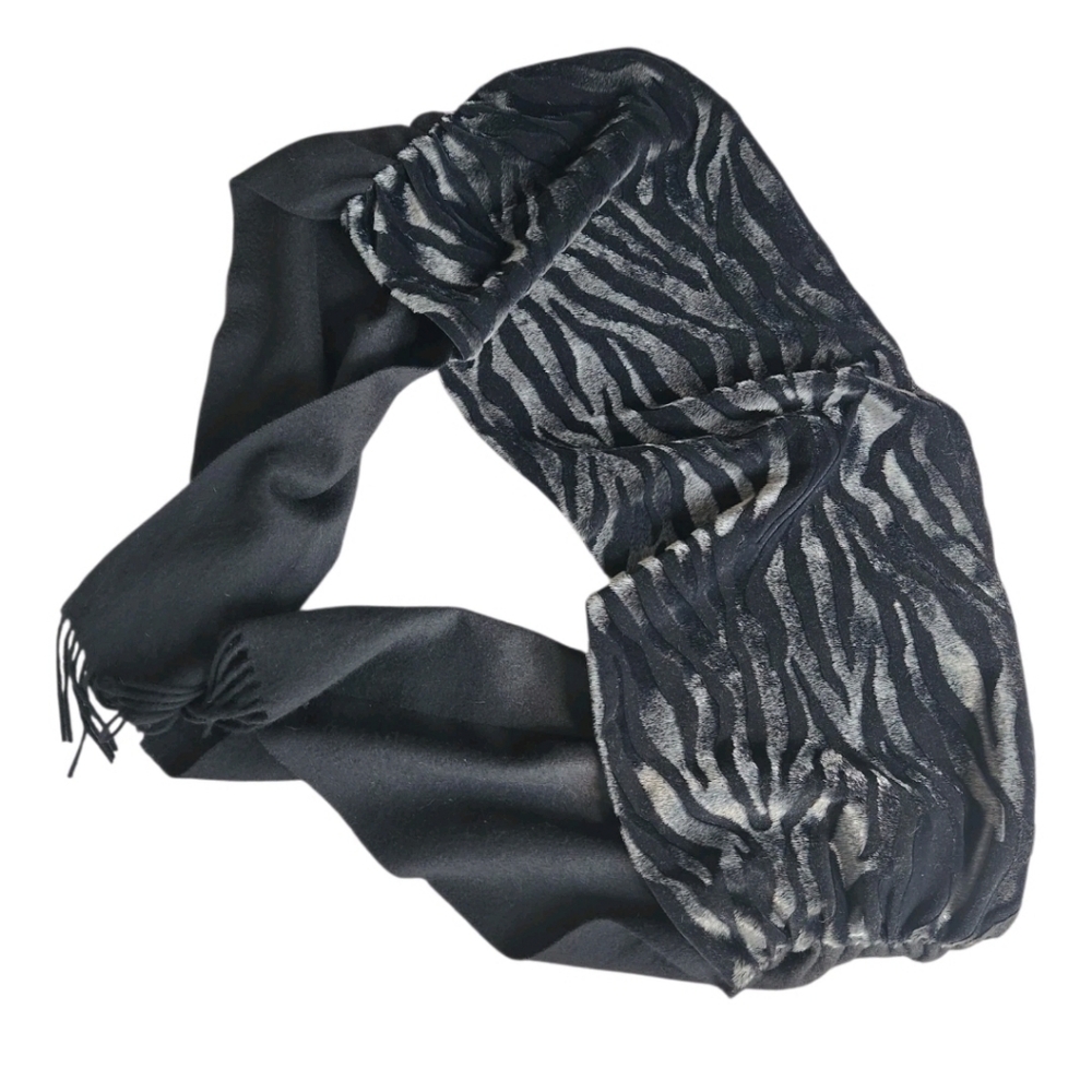Cedrics Luxe Collection Black Wool Cashmere Faux Fur Zebra Print Scarf Shawl
